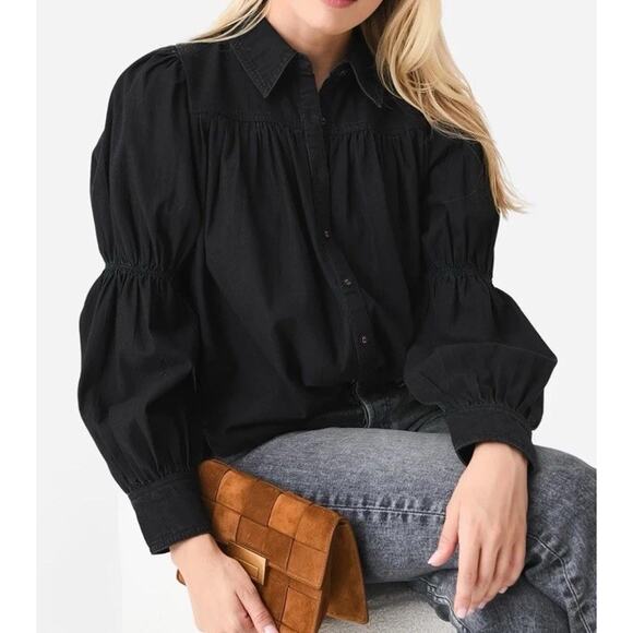 Cleobella Blakely Blouse M Black Puff Sleeve Button Down Boho Cotton Top - Picture 1 of 9